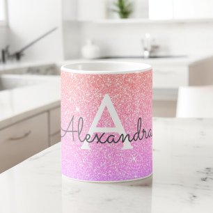 Rosa Lila Gnistra Glitter Monogram Namn Initial Kaffemugg