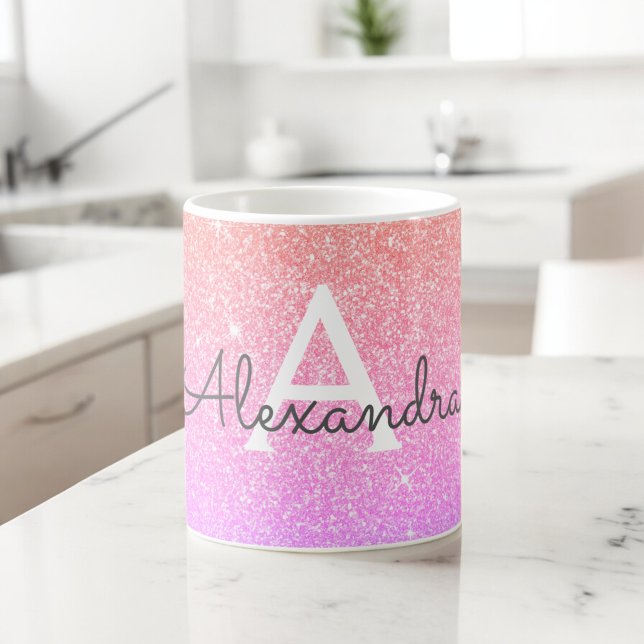 Rosa Lila Gnistra Glitter Monogram Namn Initial Kaffemugg (Skapare uppladdad)