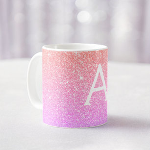 Rosa Lila Gnistra Glitter Monogram Namn Initial Kaffemugg