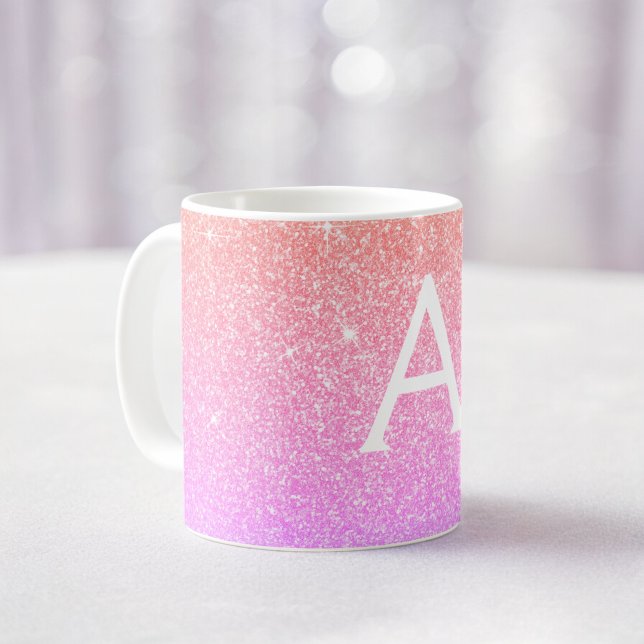 Rosa Lila Gnistra Glitter Monogram Namn Initial Kaffemugg (Skapare uppladdad)