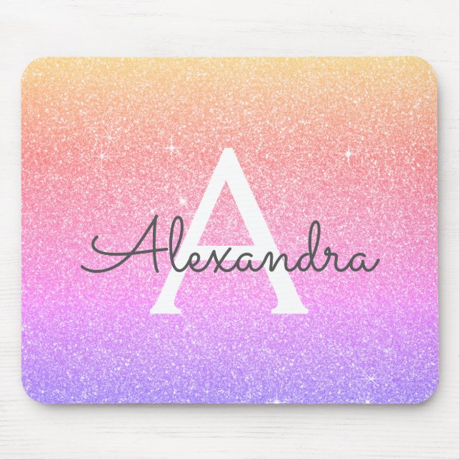 Rosa Lila Gnistra Glitter Monogram Namn Mousepad Musmatta (Framsidan)