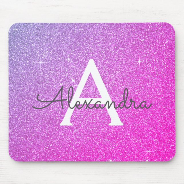 Rosa Lila Gnistra Glitter Monogram Namn Mousepad Musmatta (Framsidan)