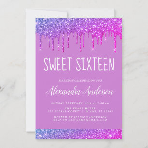 Rosa Lila Gnistra Glitter Sweet sixteen födelsedag Inbjudningar