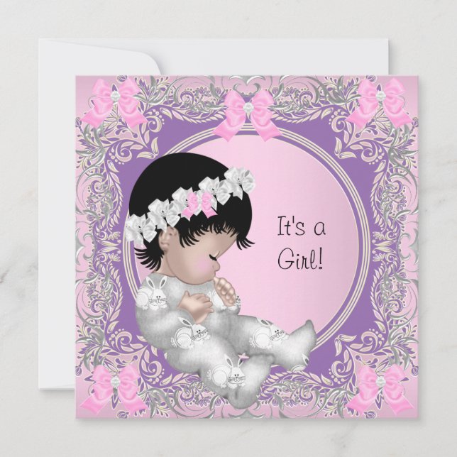 Rosa Lila Grå Bebis Baby Shower Söt Baby Flicka Inbjudningar (Framsida)