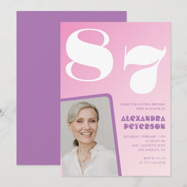 Rosa Lila Gradient Photo 87:e födelsedag Inbjudningar (Fram/baksida)