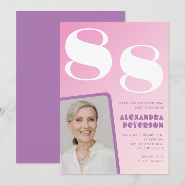 Rosa Lila Gradient Photo 88:e födelsedag Inbjudningar (Fram/baksida)