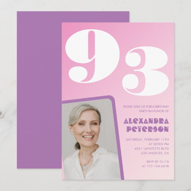 Rosa Lila Gradient Photo 93-årsdag Inbjudningar (Fram/baksida)