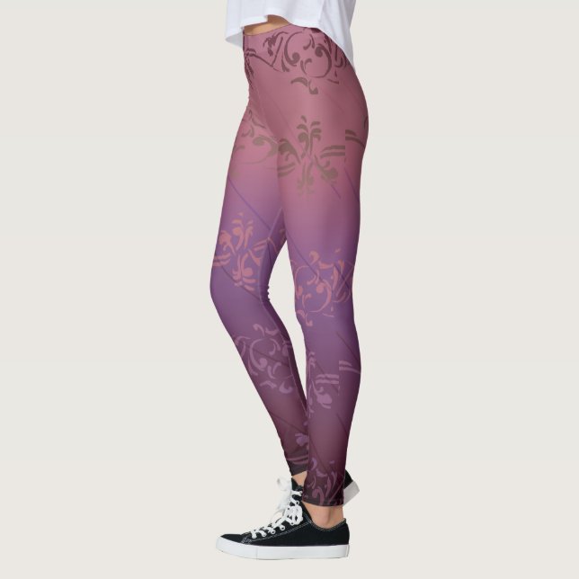 Rosa Lila Gradient Randig Blommig Bladsmönster Leggings (Vänster)