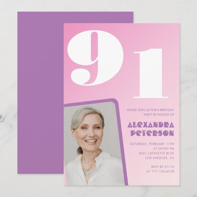 Rosa lila gradientfoto 91-årsdag inbjudningar (Fram/baksida)