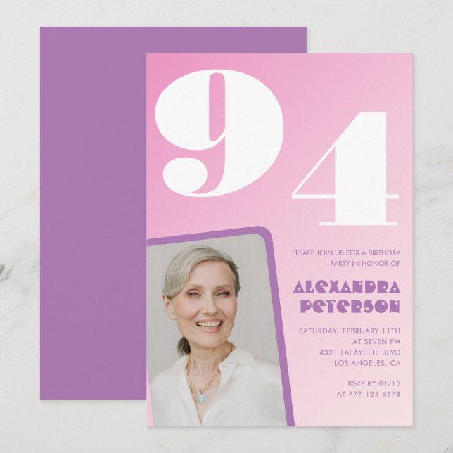 Rosa lila gradientfoto 94-årsdag inbjudningar (Fram/baksida)