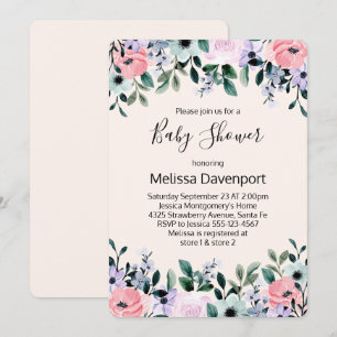 Rosa Lila Grön Akvarell Blommig Baby Shower Inbjudningar