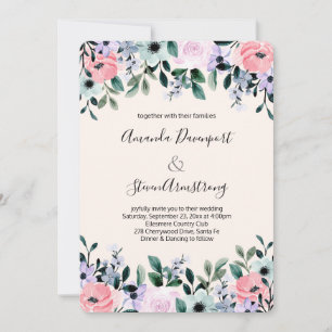 Rosa Lila Grön Akvarell Blommig Kant Bröllop Inbjudningar