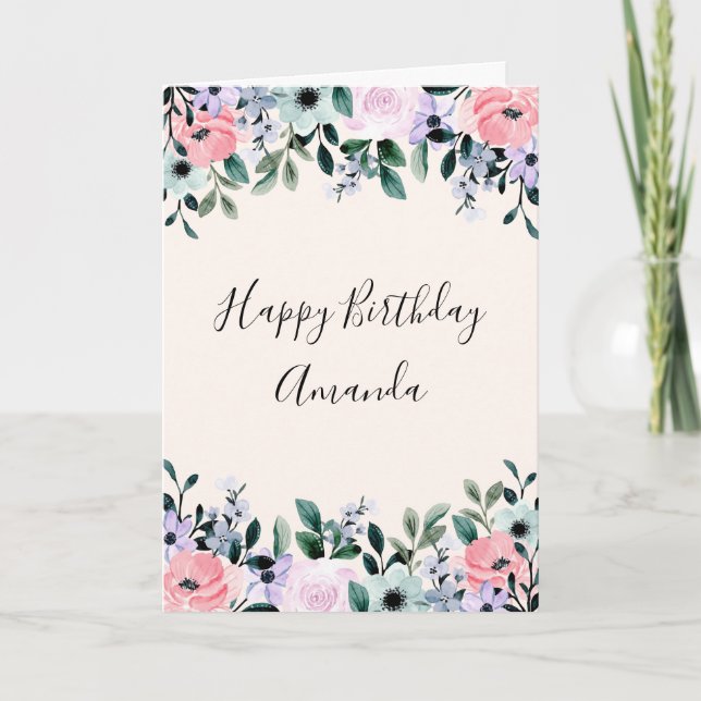 Rosa Lila Grön Akvarell Blommig Kant Kort (Framsida)