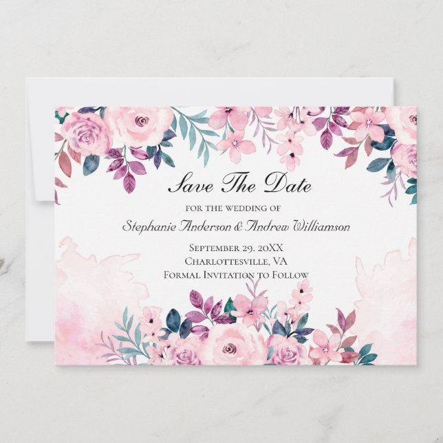 Rosa Lila Grön Blommig Akvarell Bröllop  Spara Datumet (Framsida)