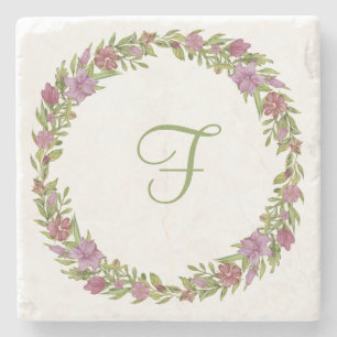 Rosa lila grön blomster monogram initial stenunderlägg