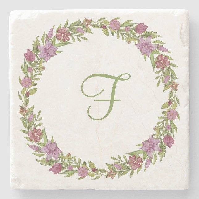 Rosa lila grön blomster monogram initial  stenunderlägg (Framsidan)