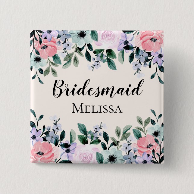 Rosa Lila & Grönt Blommigt Vattenfärg Bridesmaid Knapp (Framsida)