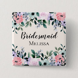 Rosa Lila & Grönt Blommigt Vattenfärg Bridesmaid Knapp