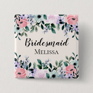 Rosa Lila & Grönt Blommigt Vattenfärg Bridesmaid Knapp