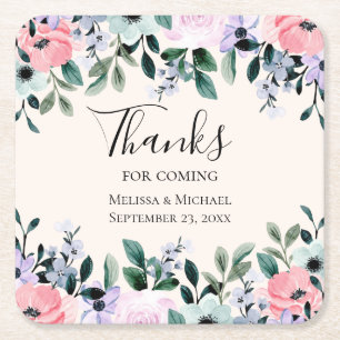 Rosa Lila & Grönt Blommigt Vattenfärg Bröllop Underlägg Papper Kvadrat