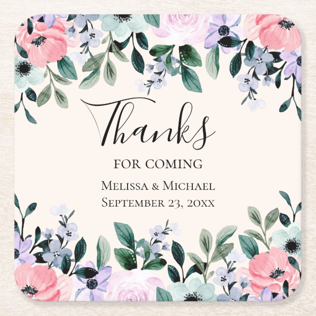 Rosa Lila & Grönt Blommigt Vattenfärg Bröllop Underlägg Papper Kvadrat (Framsidan)