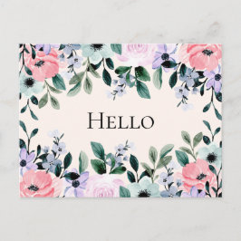 Rosa Lila & Grönt Blommigt VattenfärgsHej Vykort