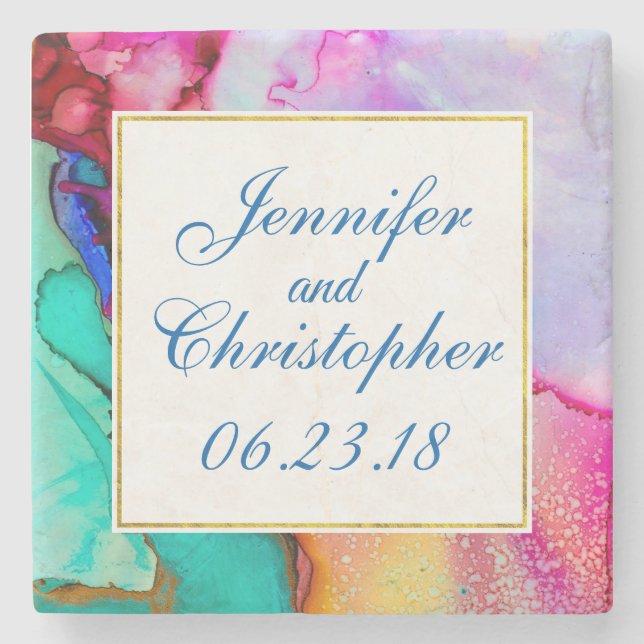 Rosa Lila Grönt Marble Abstrakt Vattenfärg Stenunderlägg (Framsidan)