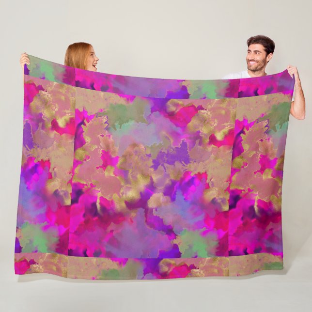 Rosa, lila, grönt marble bläck fleece filt (På plats)