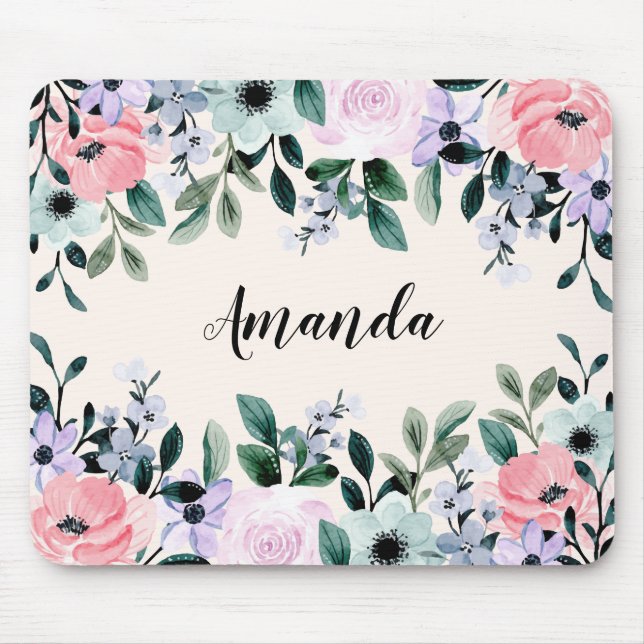 Rosa Lila & Grönt Vattenfärgsfärg Blommigt Gräns Musmatta (Framsidan)