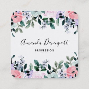 Rosa Lila Grönt Watercolor Blommigt Gräns Fyrkantigt Visitkort