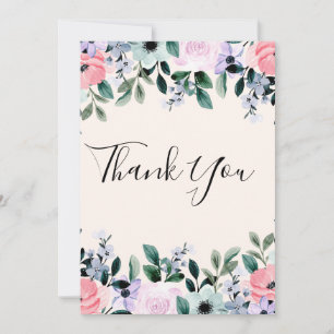 Rosa Lila Grönt Watercolor Blommigt Gräns Tack Kort