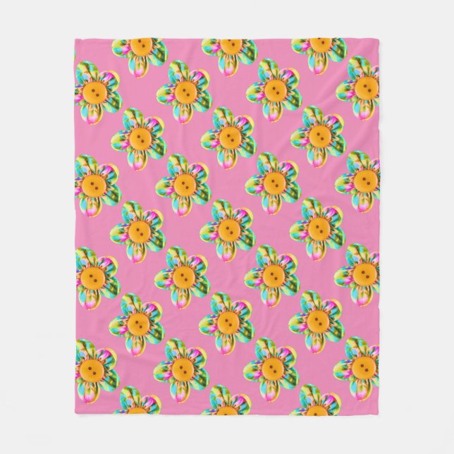 Rosa, lila, gula blommor på mjuk rosa fleecefilt (Framsidan)