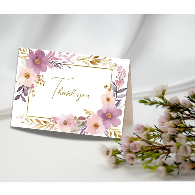 Rosa lila guld blommig watercolor bröllopsfest tack kort (Pink purple gold watercolor floral bridal shower wedding thank you card)