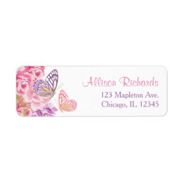 Rosa lila guld blommigt-fjäril returadress etikett