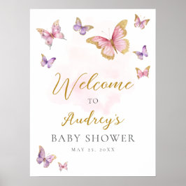 Rosa Lila Guld Butterfly Baby Shower Välkommen Poster