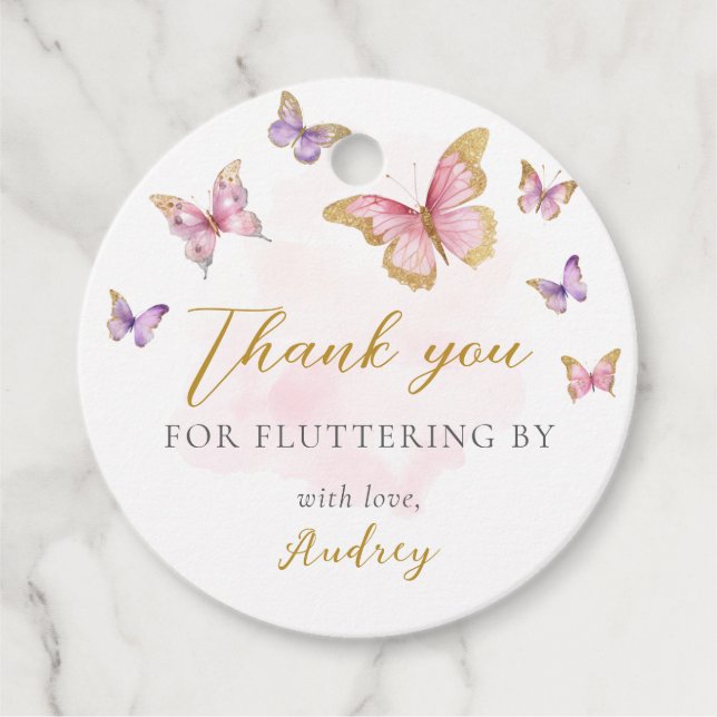 Rosa Lila Guld Butterfly Girl Baby Shower Gåvor Etiketter (Framsida)