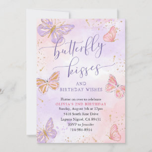 Rosa Lila Guld Butterfly Kisses Birthday Inbjudningar