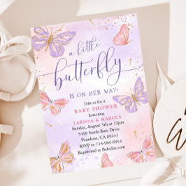 Rosa Lila Guld Fjäril Baby Shower Inbjudningar