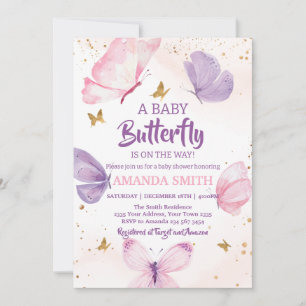 Rosa Lila Guld Fjäril Baby Shower Inbjudningar