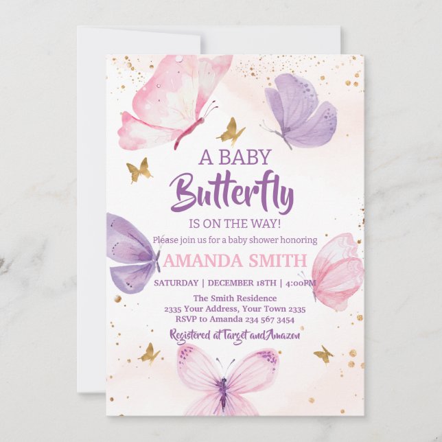 Rosa Lila Guld Fjäril Baby Shower Inbjudningar (Framsida)