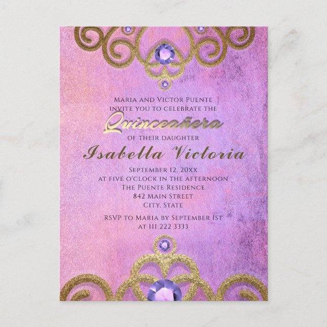 Rosa lila guld glitter juvelbesatt tiara Quinceañe Vykort (Framsida)