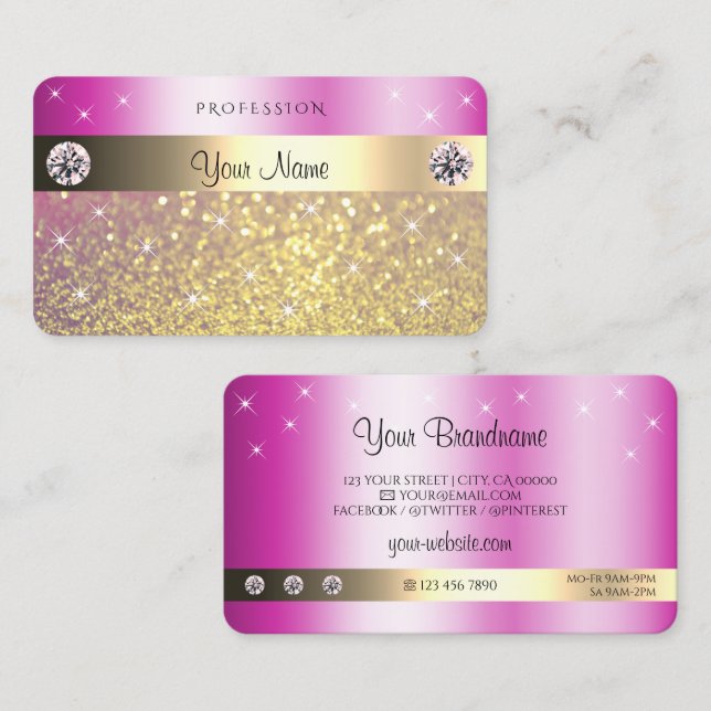 Rosa Lila Guld Glitter med diamanter vid  Visitkort (Fram/baksida)