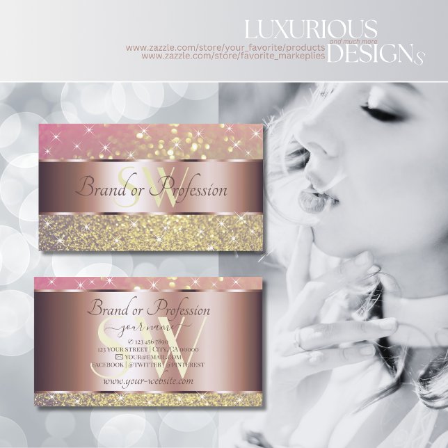Rosa Lila Guld Glitter Stars Monogram Ro Guld Visitkort (Skapare uppladdad)
