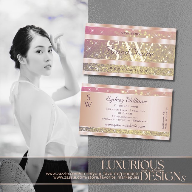 Rosa Lila Guld Glitter Stars Monogram Ro Guld Visitkort (Skapare uppladdad)