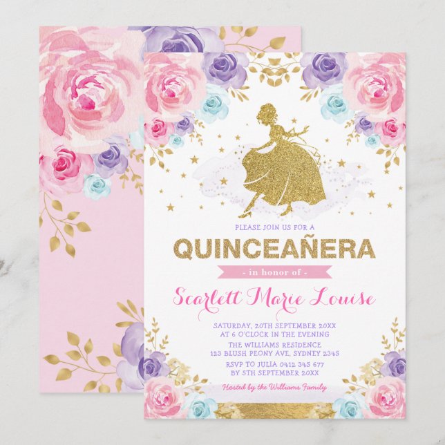 Rosa Lila Guld Ro Princess Quinceañera Inbjudningar (Fram/baksida)