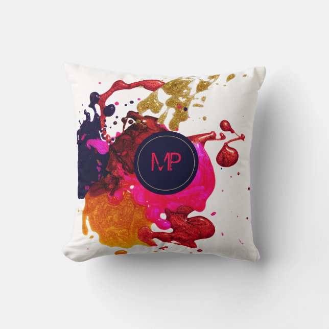 Rosa Lila Guld Splatter Monogram Kudde (Framsida)