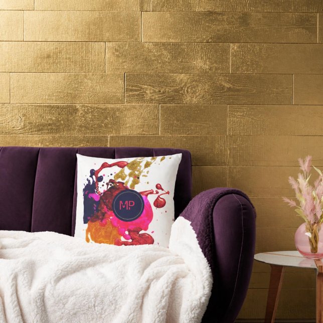 Rosa lila guld stänk Monogram Kudde (Skapare uppladdad)