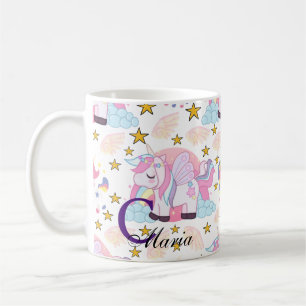 Rosa Lila Guld Star Unicorn Namn Monogram Kaffemugg