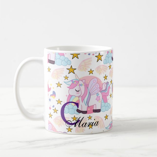 Rosa Lila Guld Star Unicorn Namn Monogram Kaffemugg (Vänster)