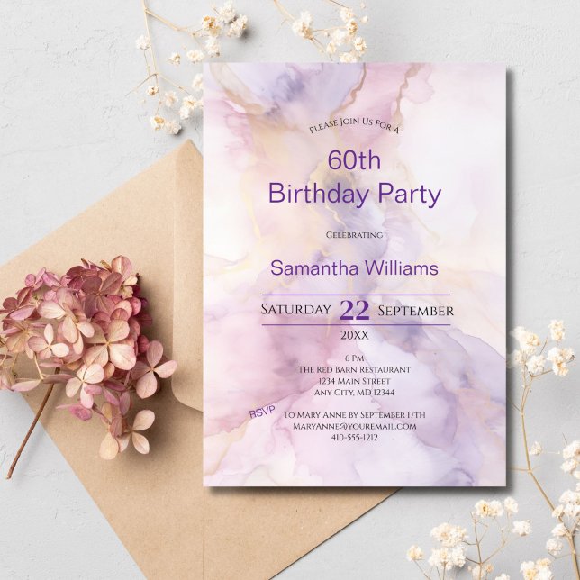 Rosa Lila Guld Vattenfärg 60-årsdag Inbjudningar (Pink purple gold watercolor wash 60th birthday invitation for her. Edit it for any year)